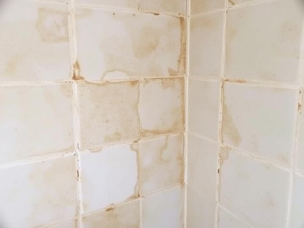 Stained shower tile and grout before bathroom restoration cleaning
